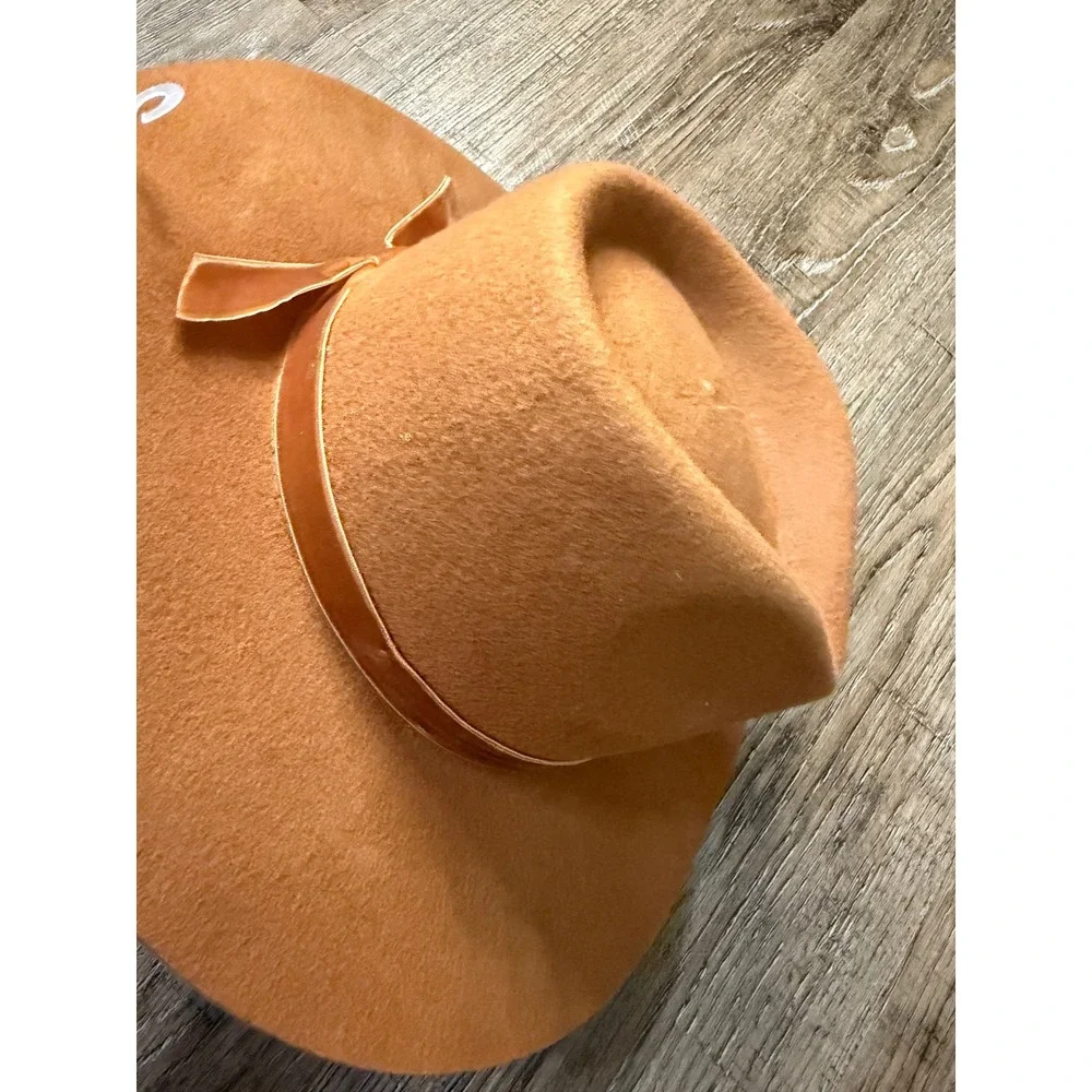 Rylee + Cru Youth Wide Brim Wool Fedora Hat Camel Brown Velvet Ribbon